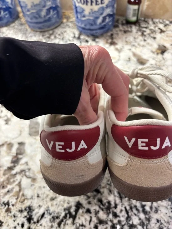 Veja Low-Top Leather Sneakers in White with V and Red Heel Tab Beige Suede - Picture 3 of 10